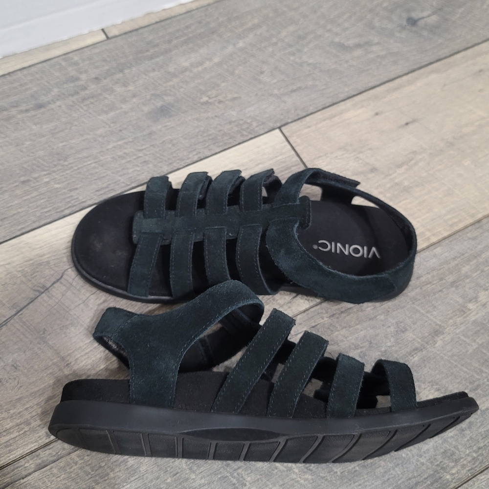 Vionic Palm Ritta Gladiator Ankle Strap Black Suede Sandals Sz7 Fisherman Style